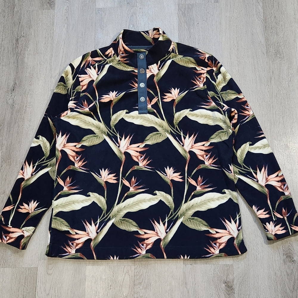 Tommy Bahama Men Large CLOUD PEAK FRONDS Bering Navy Blue FLEECE Tropical T Snap